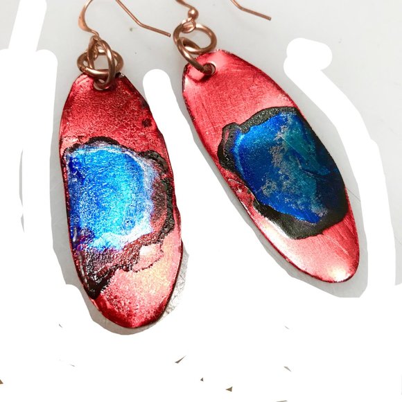 Blue Red Rustic Solid Copper Long Painted Earrings Handmade OOAK Bohemian Hippie - Picture 2 of 11